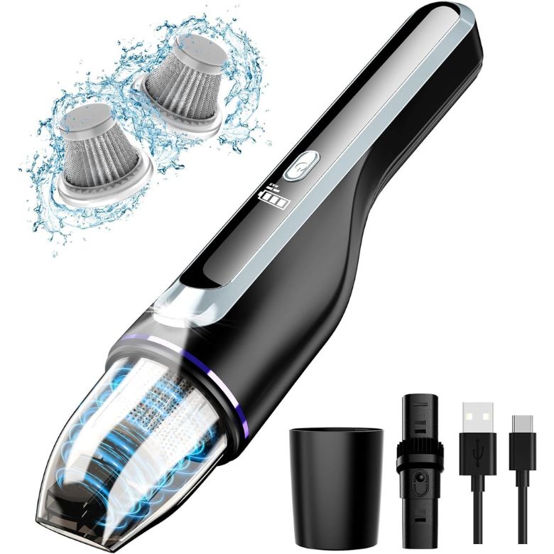 Cordless handheld vacuum with washable filters, charging cable, and attachments on a white background.
