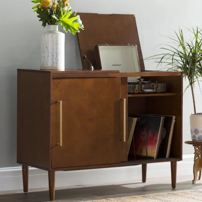 wooden record player storage cabinet