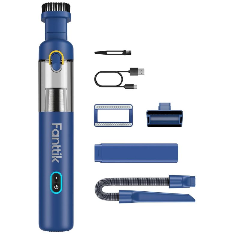 Blue handheld vacuum cleaner with multiple attachments and charging cable on a white background.